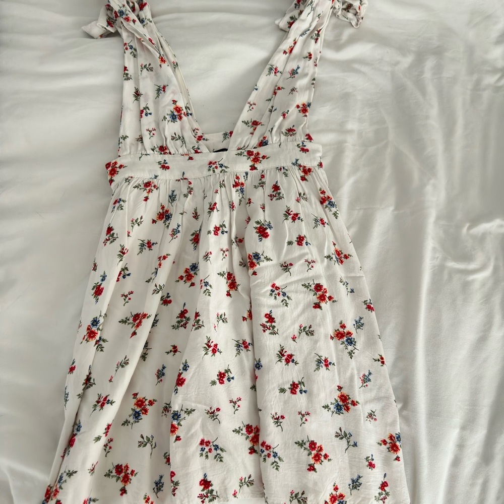 White Floral Tie-Shoulder Sundress - Red & Blue Floral